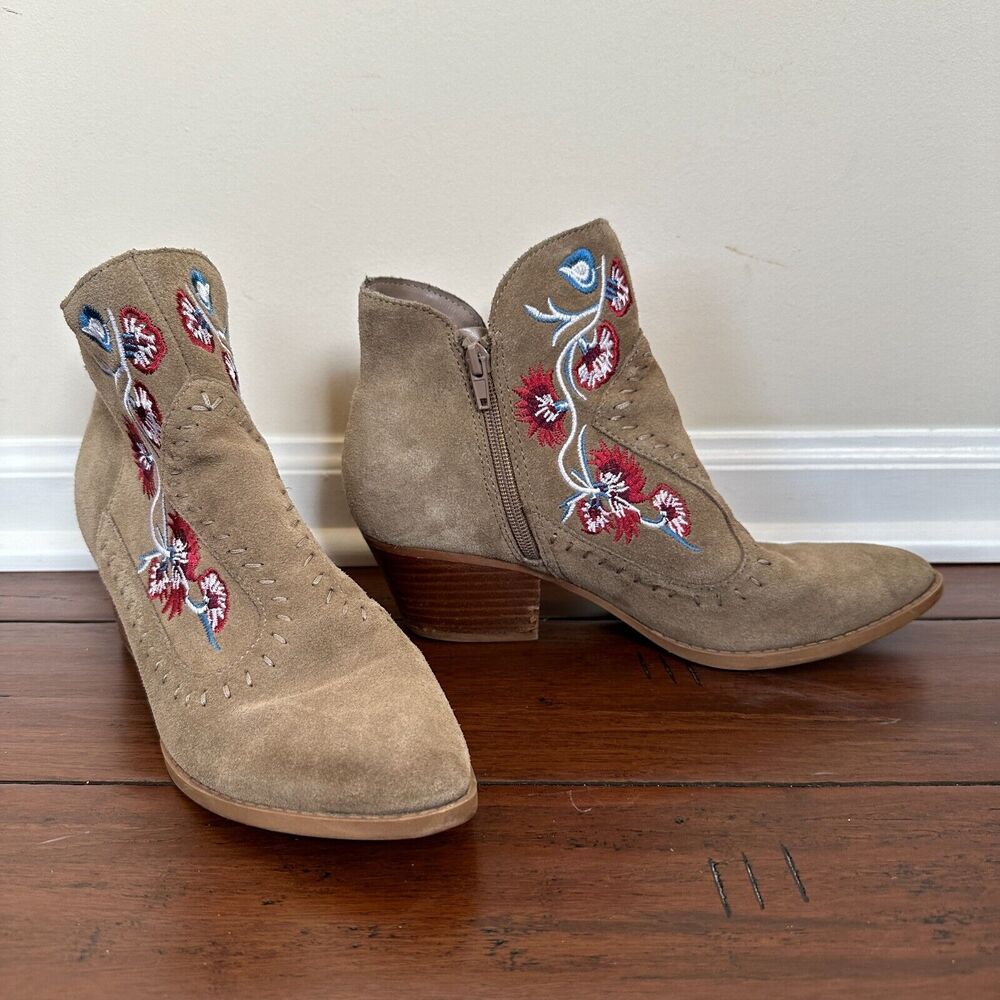 Carlos Santana Vivien Embroidered Leather Suede Ankle Booties Block Heel Shoes - Picture 1 of 12